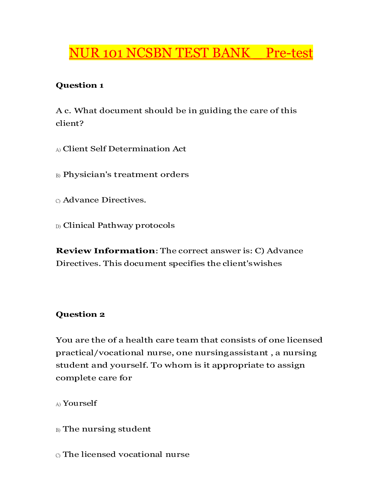 Preview of NCSBN TEST BANK _ Pre-test {UPDATED} | NUR 101 NCSBN TEST BANK _ Graded A